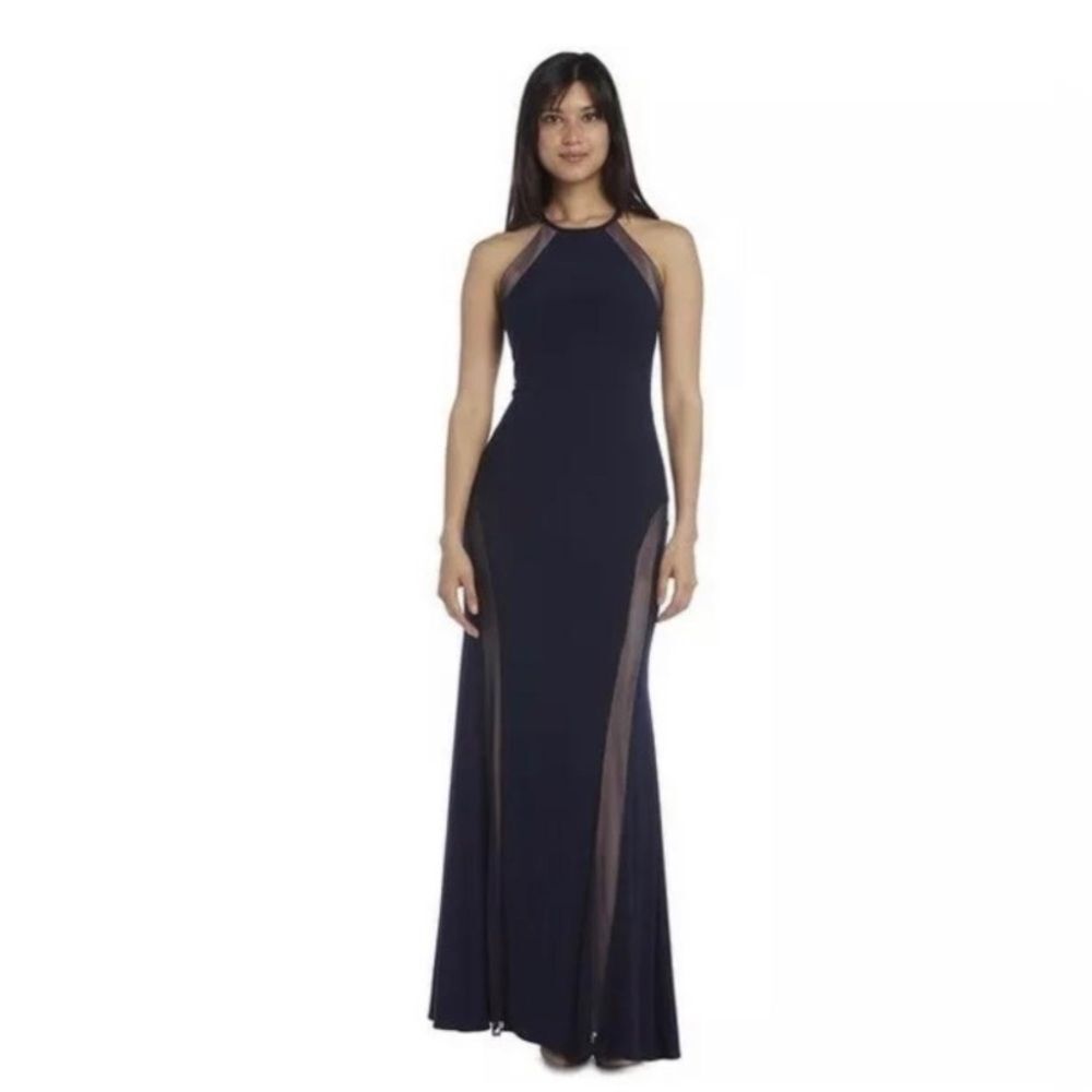 Morgan & Co. Illusion Nude Mesh Trim Cutouts Halter High Neck Maxi Gown Dress